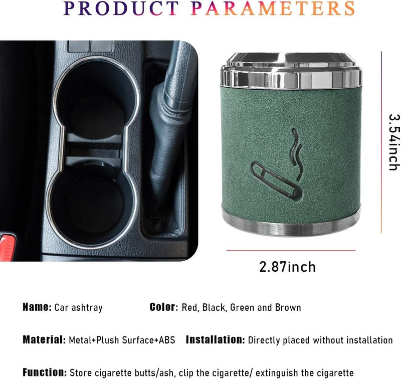 Wevdn Car Ashtray with Lid, Detachable & Portable Stainless Steel Smokeless Ashtrays for Car, Mini Universal Smell Proof Windproof Car Ashtray with LED Blue Light (Green-Plush Surface) - Image 2